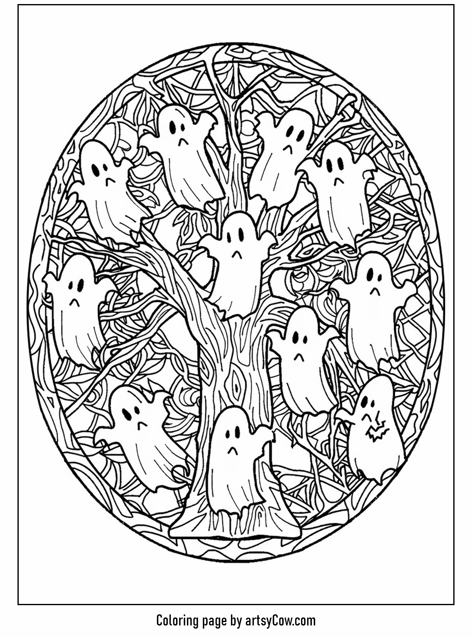 halloween ghost mandala ghostly trees with playful ghosts